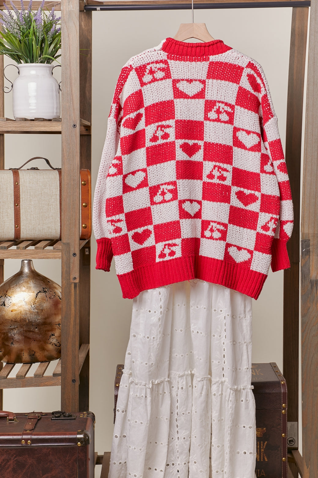 Checkered Red and White Cardigan