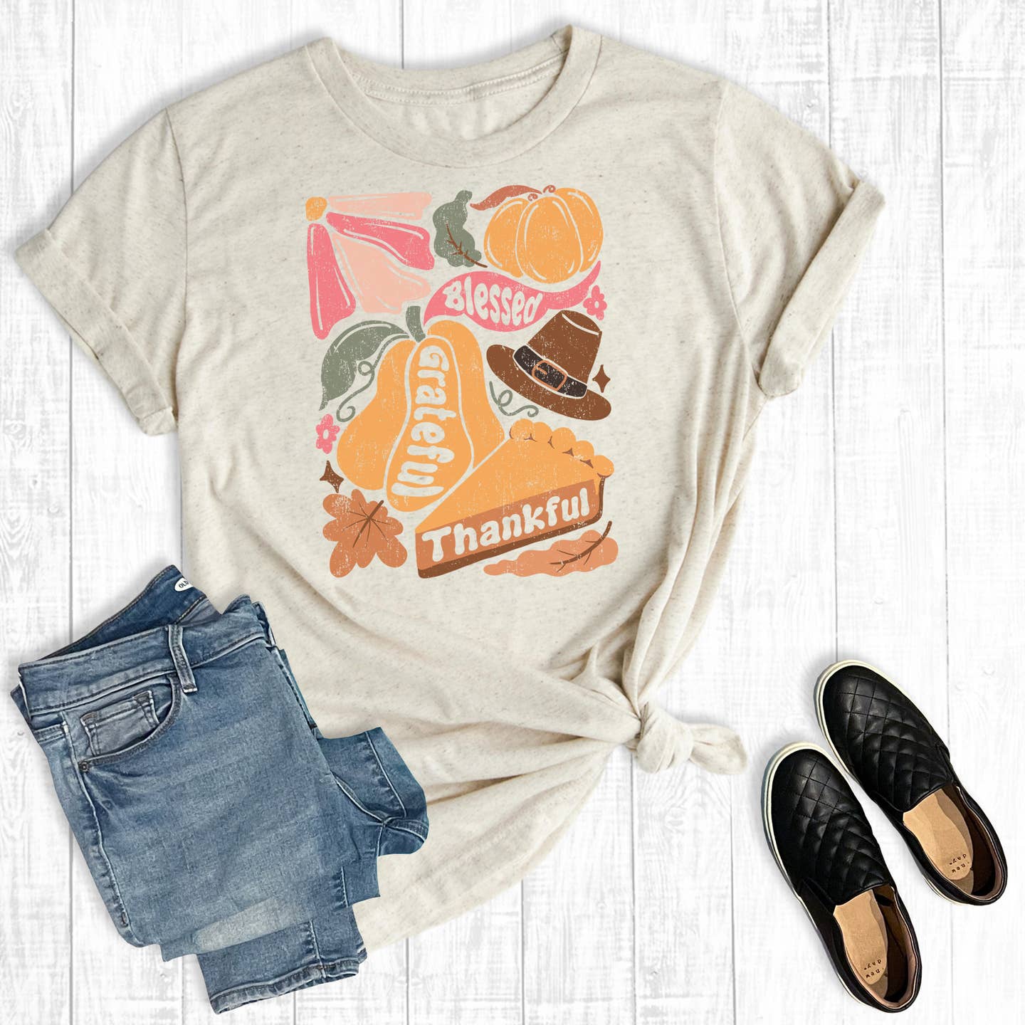 Thankful, Grateful, Blessed Soft Boho Floral Graphic T shirt