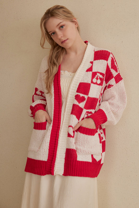 Checkered Red and White Cardigan
