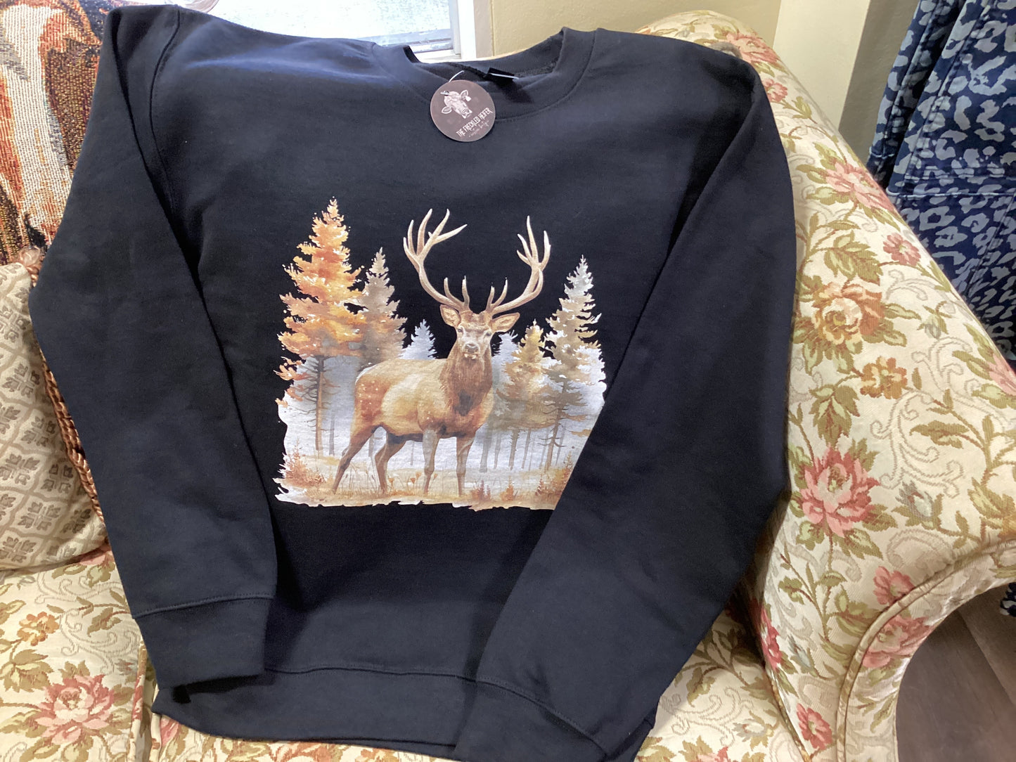 Screen Print Buck Deer Woodland Scene Sweatshirt