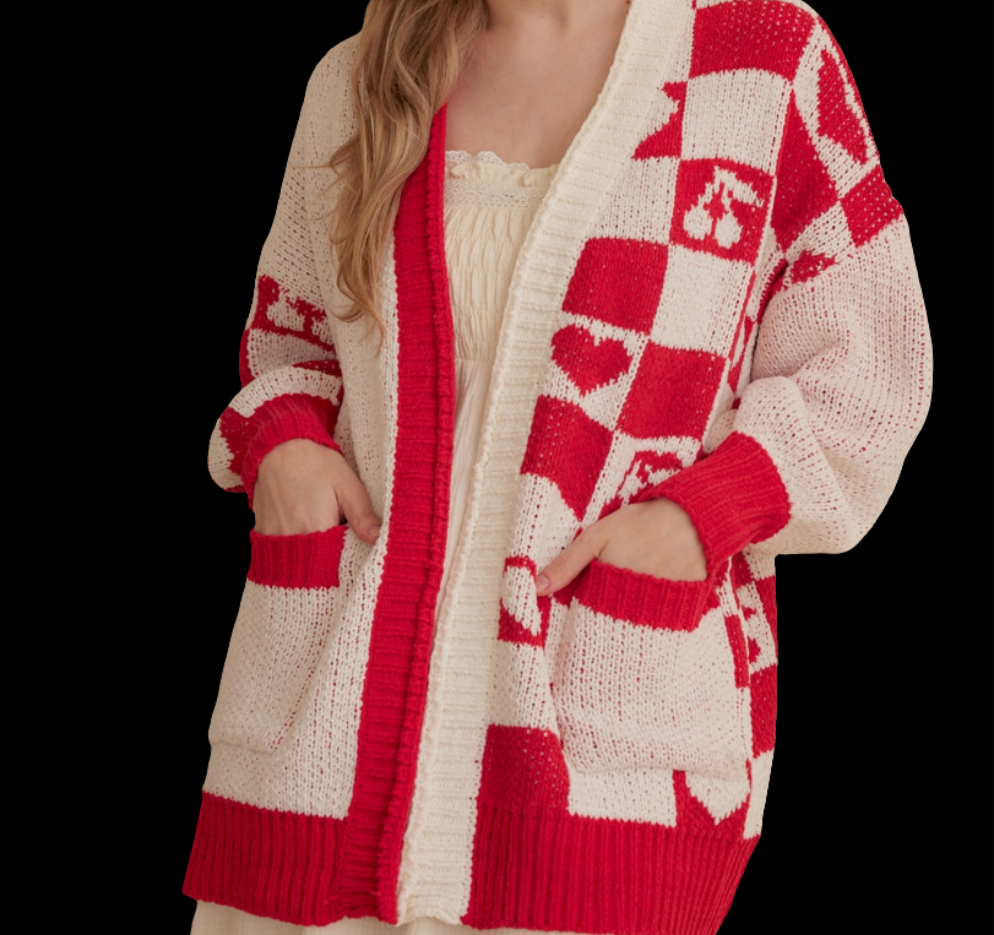 Checkered Red and White Cardigan