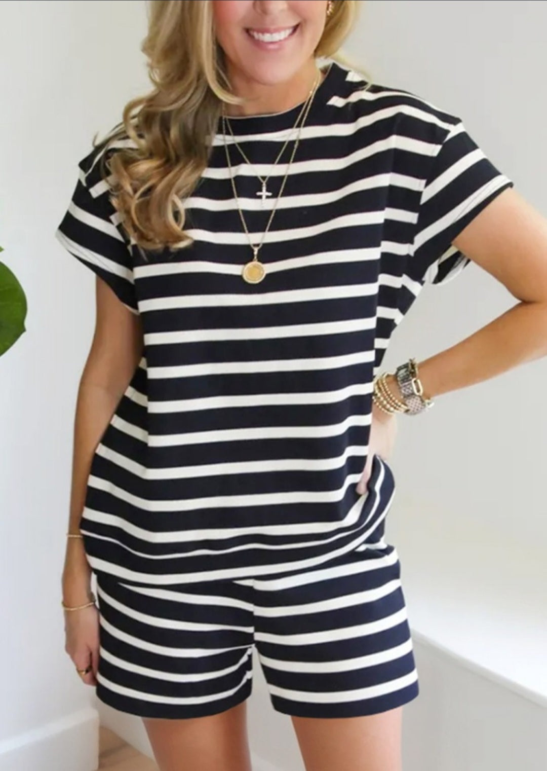 Black and white striped short set