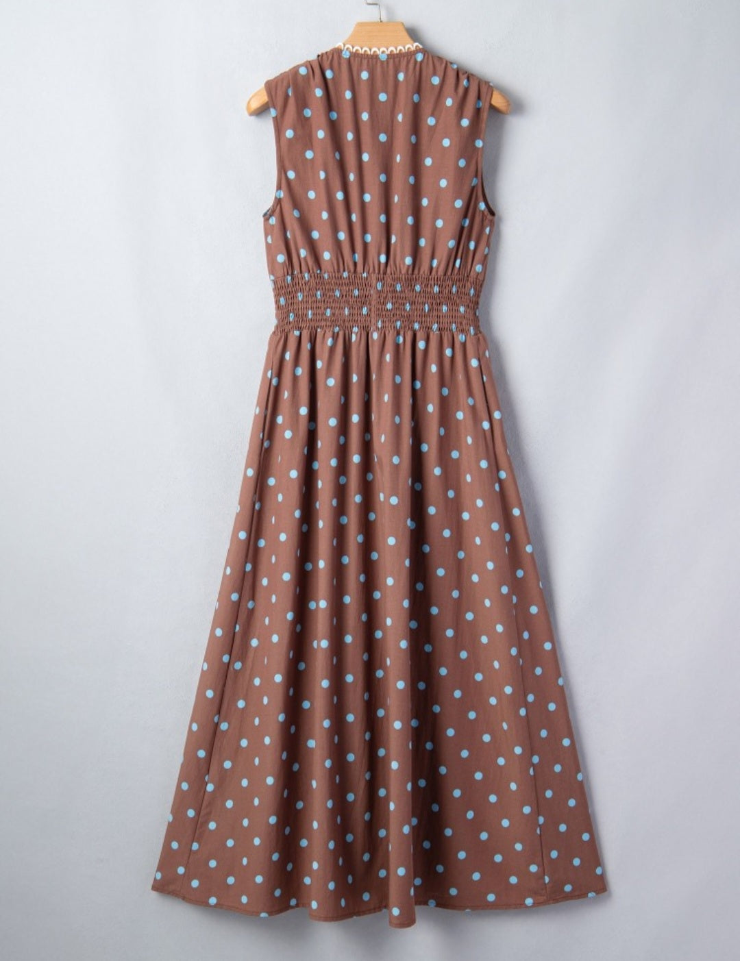 Chocolate Brown with Blue Polka-dot Smocked Waist Zip Up Dress
