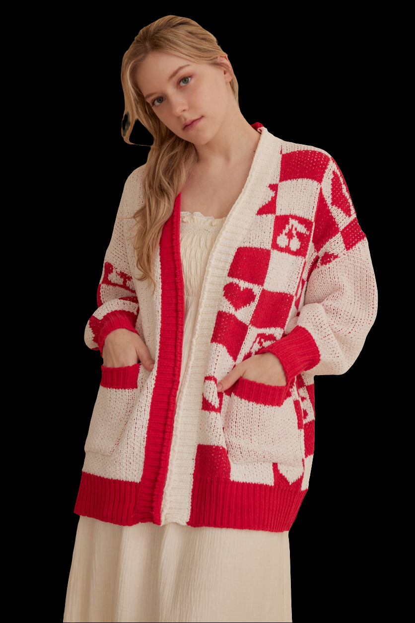 Checkered Red and White Cardigan