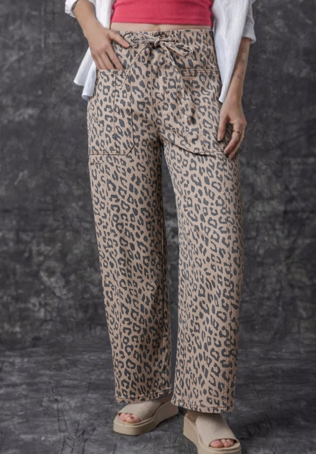 Khaki Leopard drawstring barrel wide leg jeans