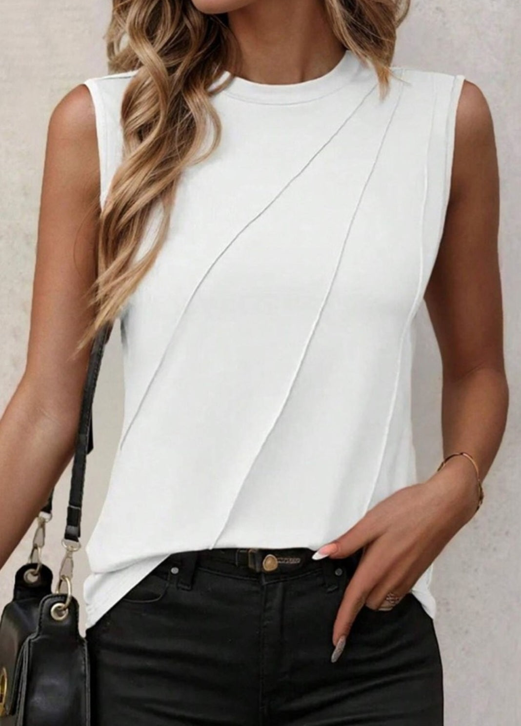 White crewneck pleated tank top