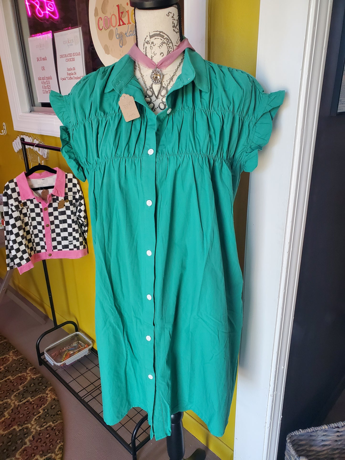 Green Button Up Dress, Flutter Sleeve,Smocked Yoke