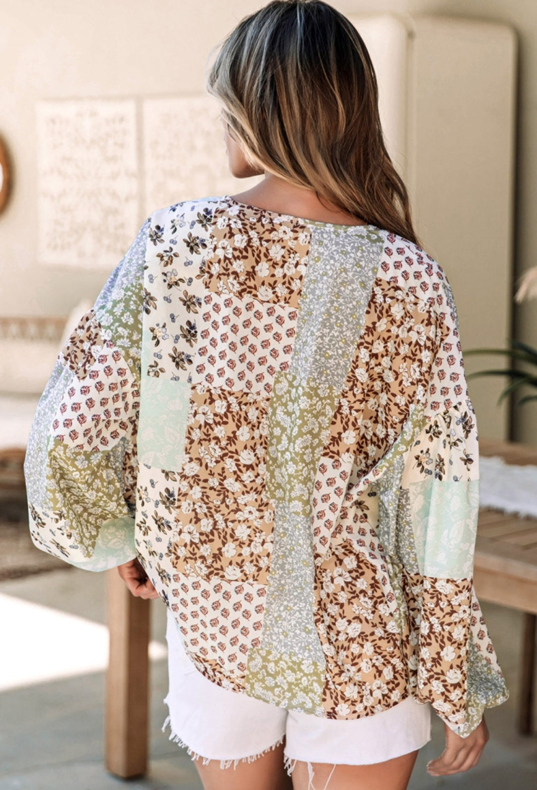 Green Mint Floral Patchwork Print Puff Sleeve Button Up Blouse