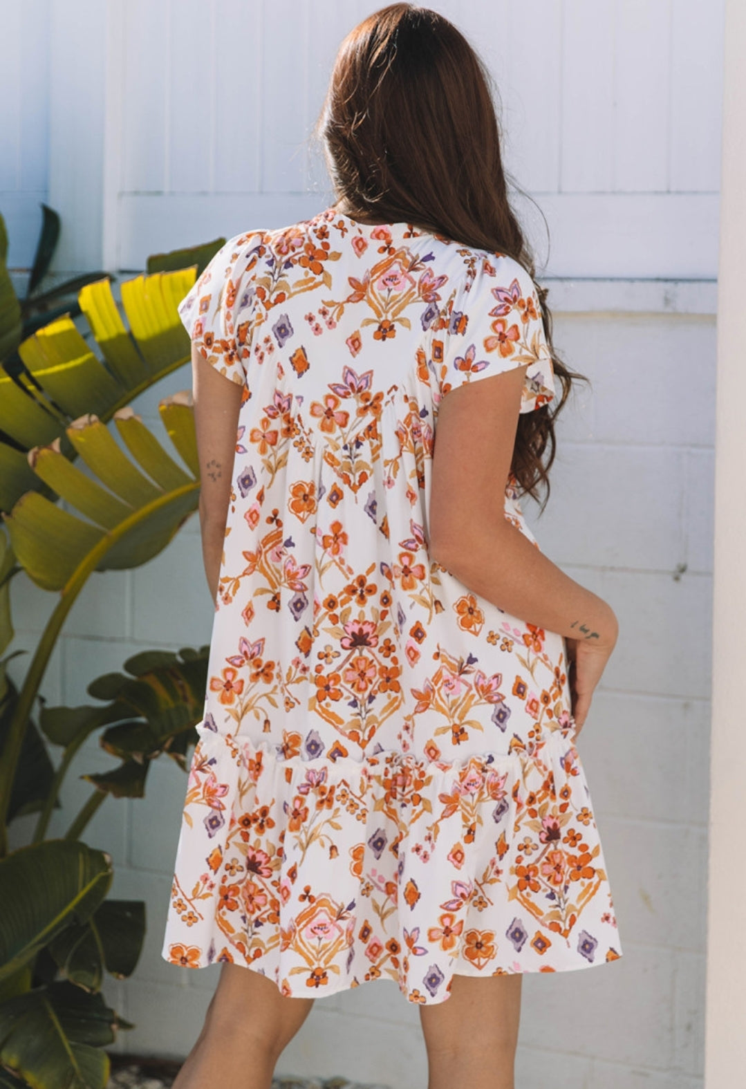 Orange Floral Flutter Sleeve Dress