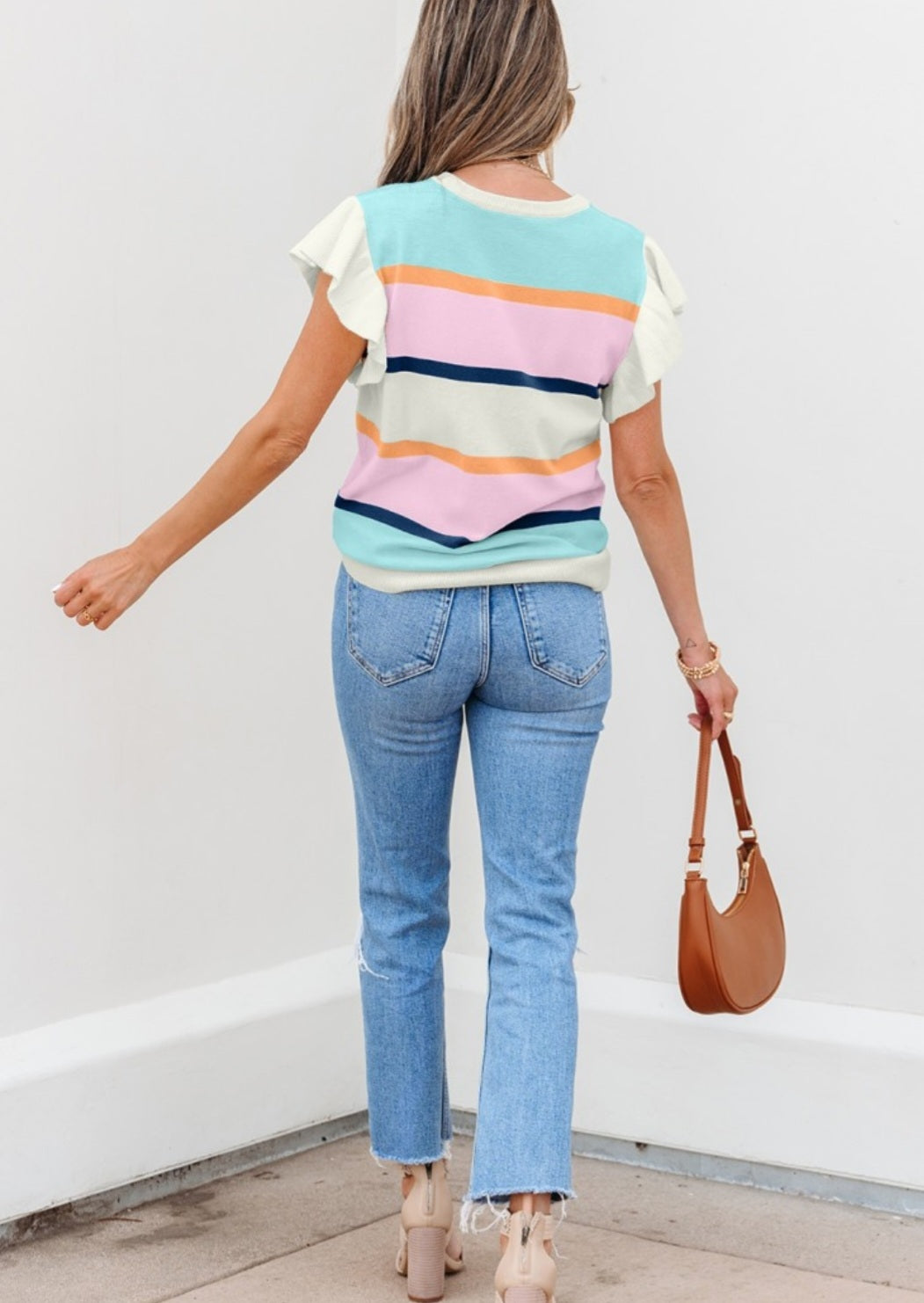 Striped Flutter Sleeve Summer Knit Blouse