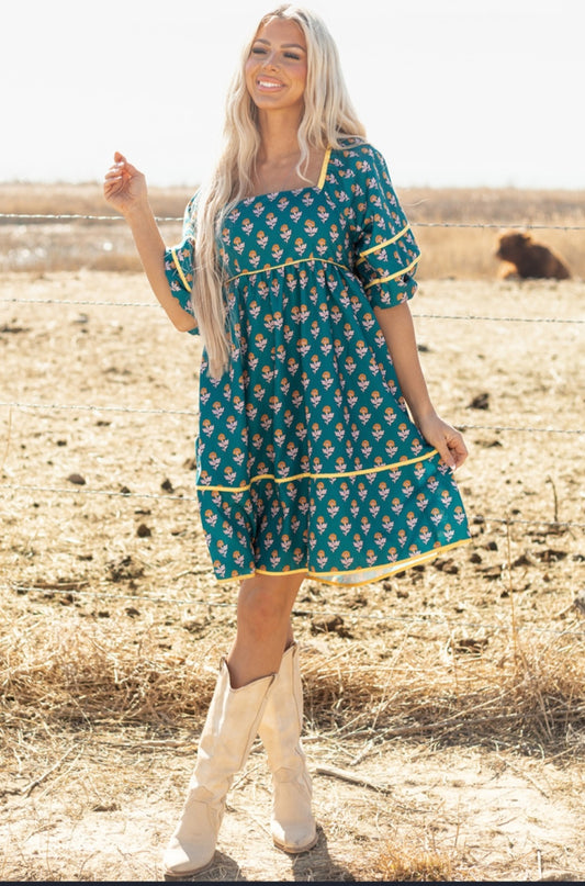 Turquoise Floral Dress with Yellow Trim