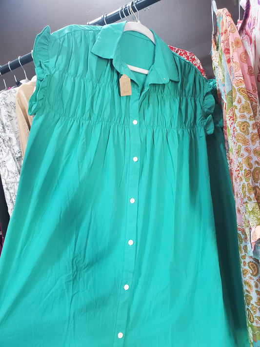 Green Button Up Dress, Flutter Sleeve,Smocked Yoke