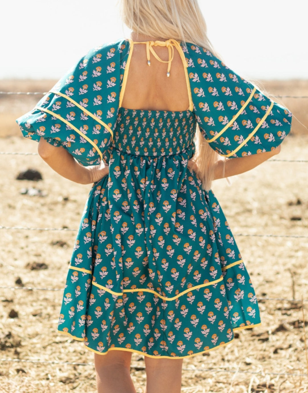 Turquoise Floral Dress with Yellow Trim