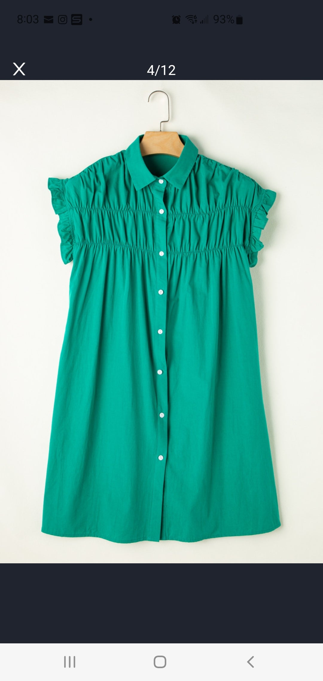 Green Button Up Dress, Flutter Sleeve,Smocked Yoke