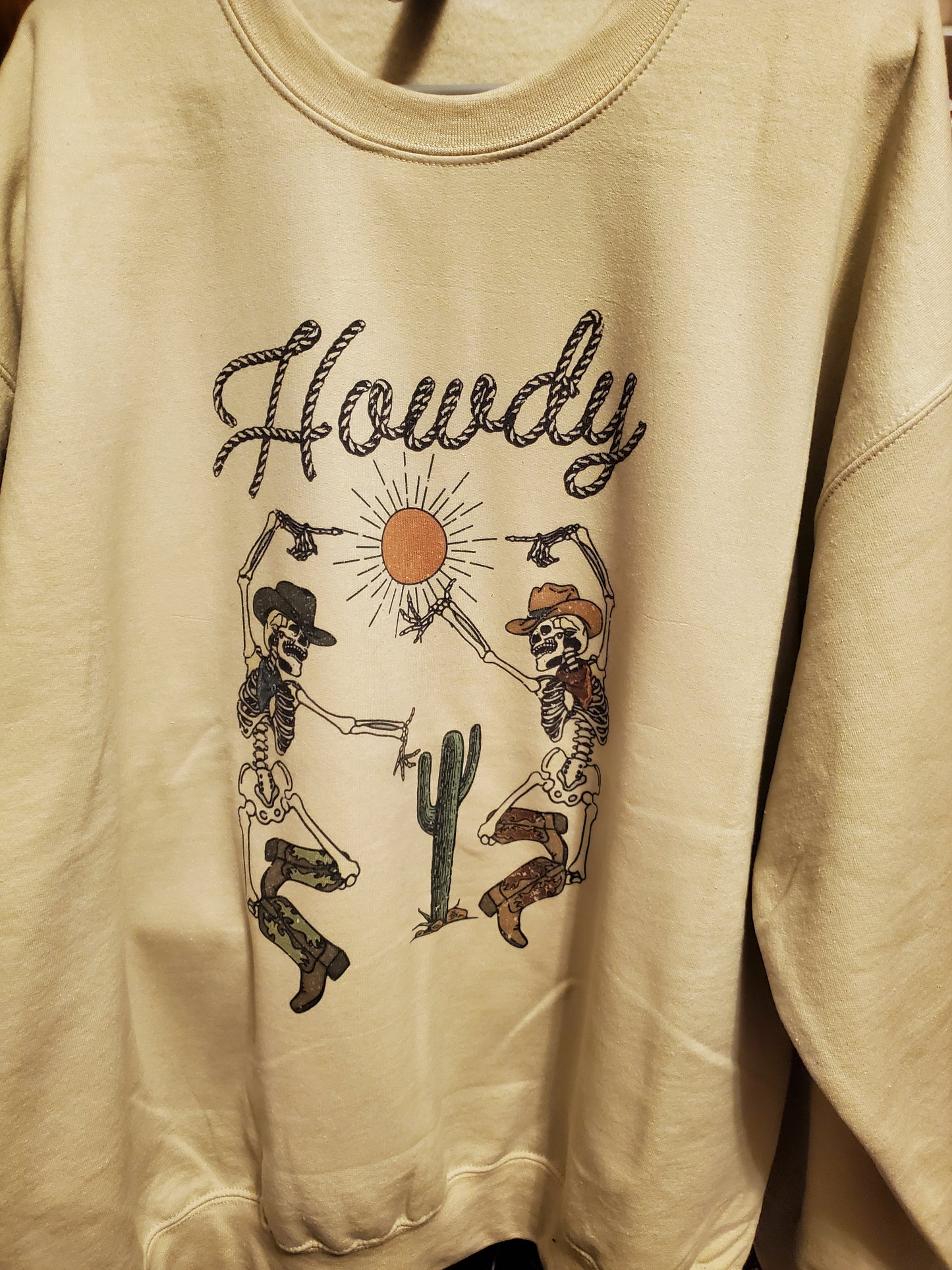 Dancing cowboy skeleton crew neck