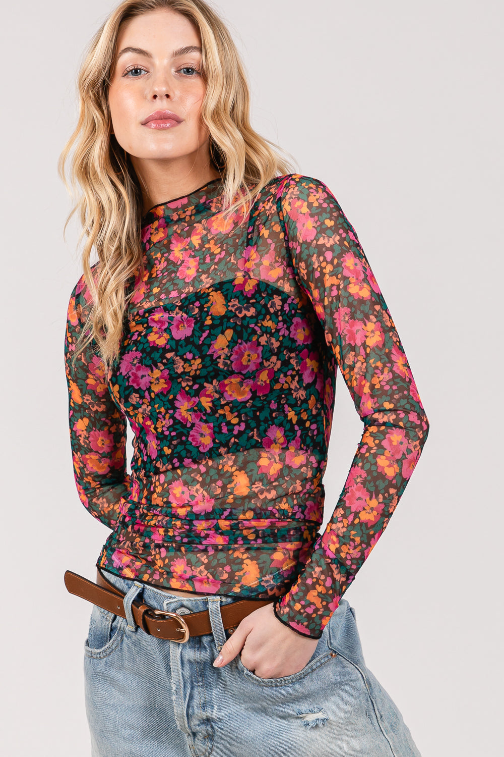 Floral Mesh Turtle Neck