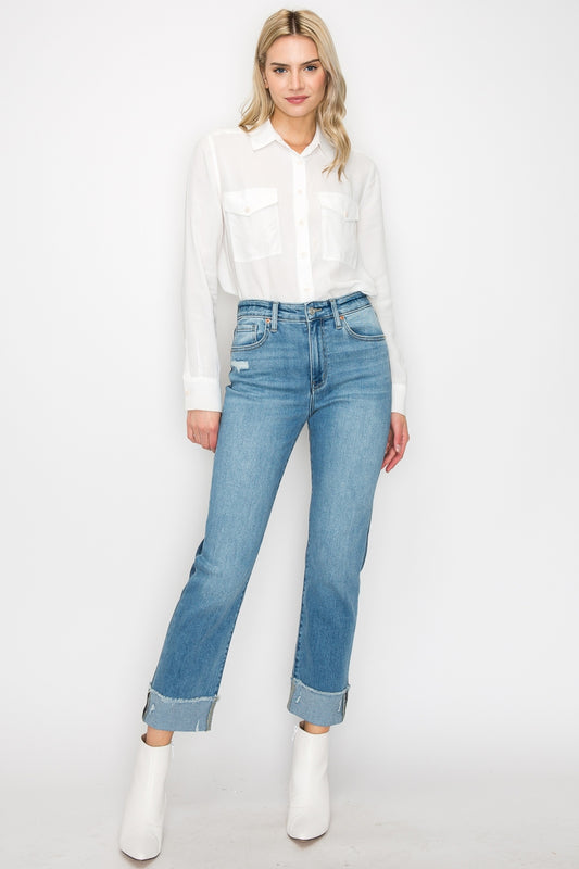 High rise straight cuffed jean