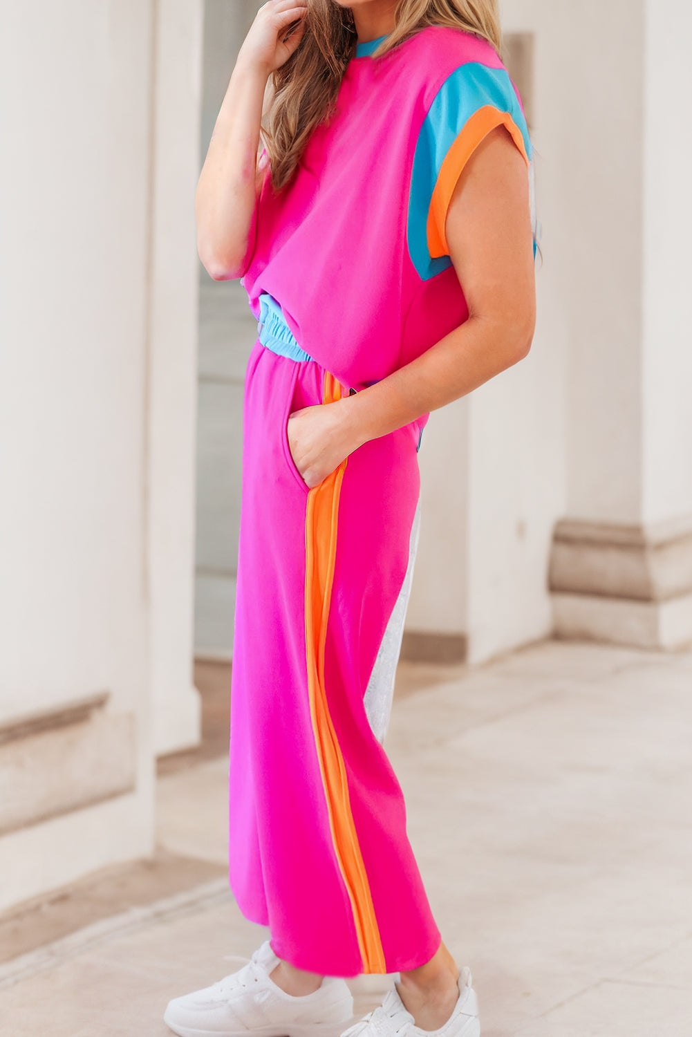 Color Block Two Piece Hot Pink