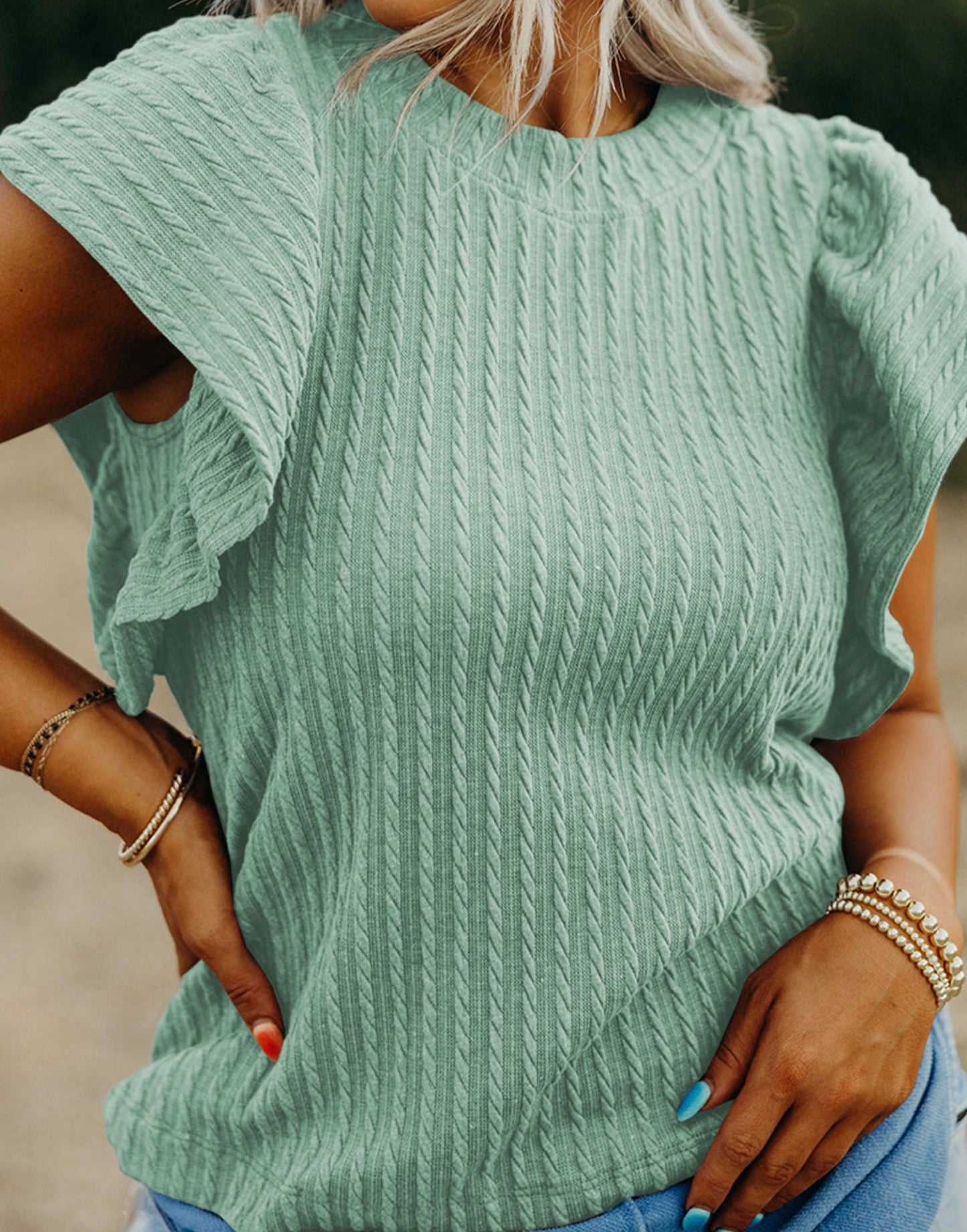 Moonlight Jade Soft Flutter Sleeve Knit Blouse