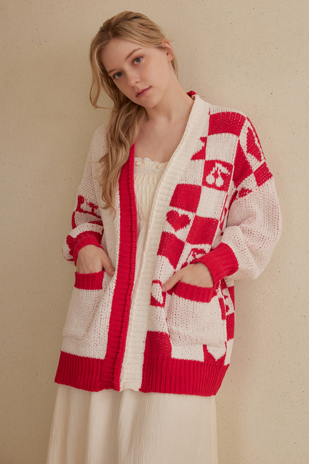 Checkered Red and White Cardigan