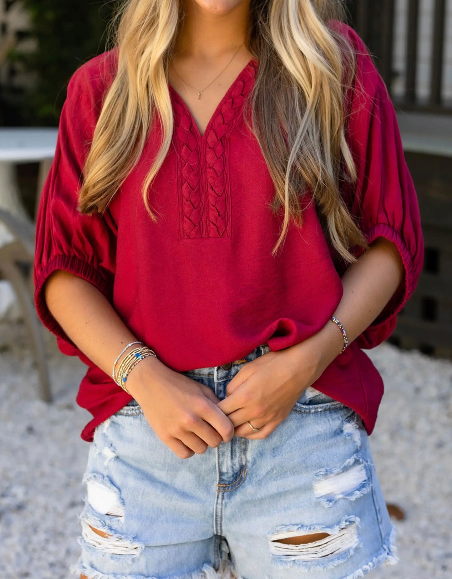 Racing Red Braided V-Neck Blouse