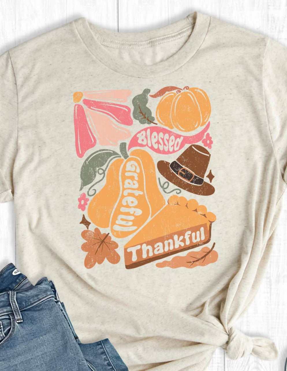 Thankful, Grateful, Blessed Soft Boho Floral Graphic T shirt