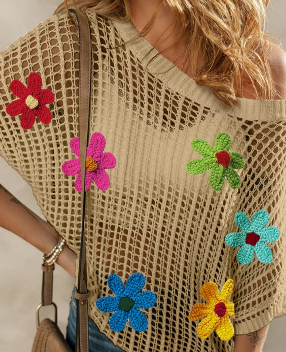 French Beige Floral Crochet Blouse