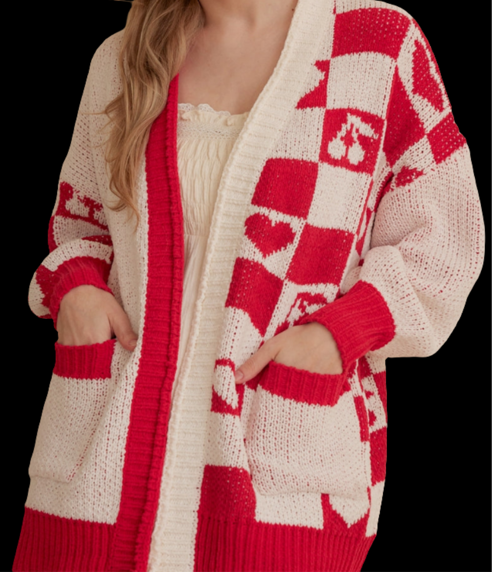 Checkered Red and White Cardigan