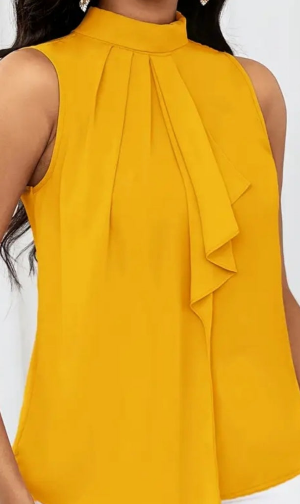 Golden yellow front ruffle back neck tie blouse