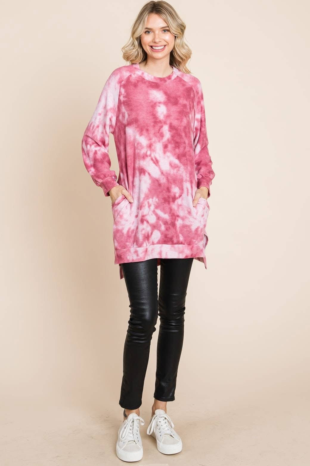Lightweight Tie Dye Long Pullover Pink
