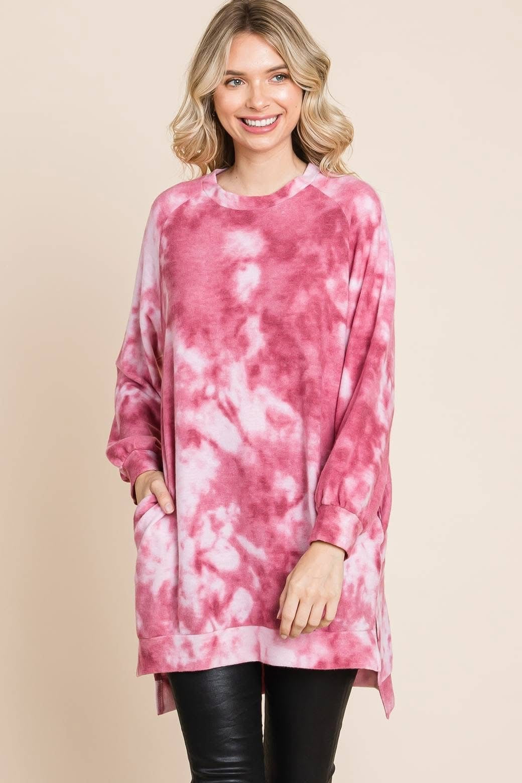 Lightweight Tie Dye Long Pullover Pink