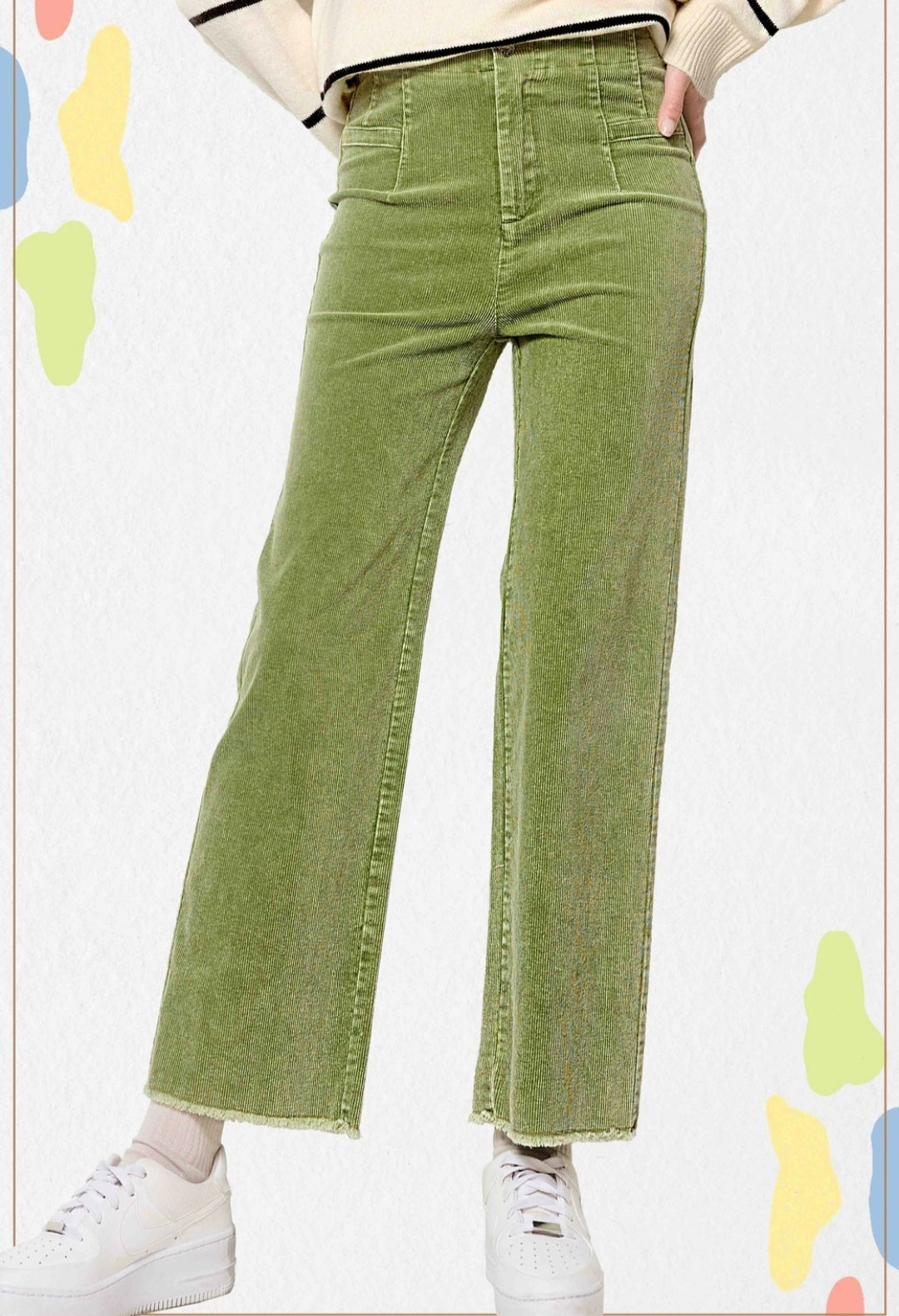 Mineral Washed High Waist Wide Leg Corduroy Pants (Pickle)