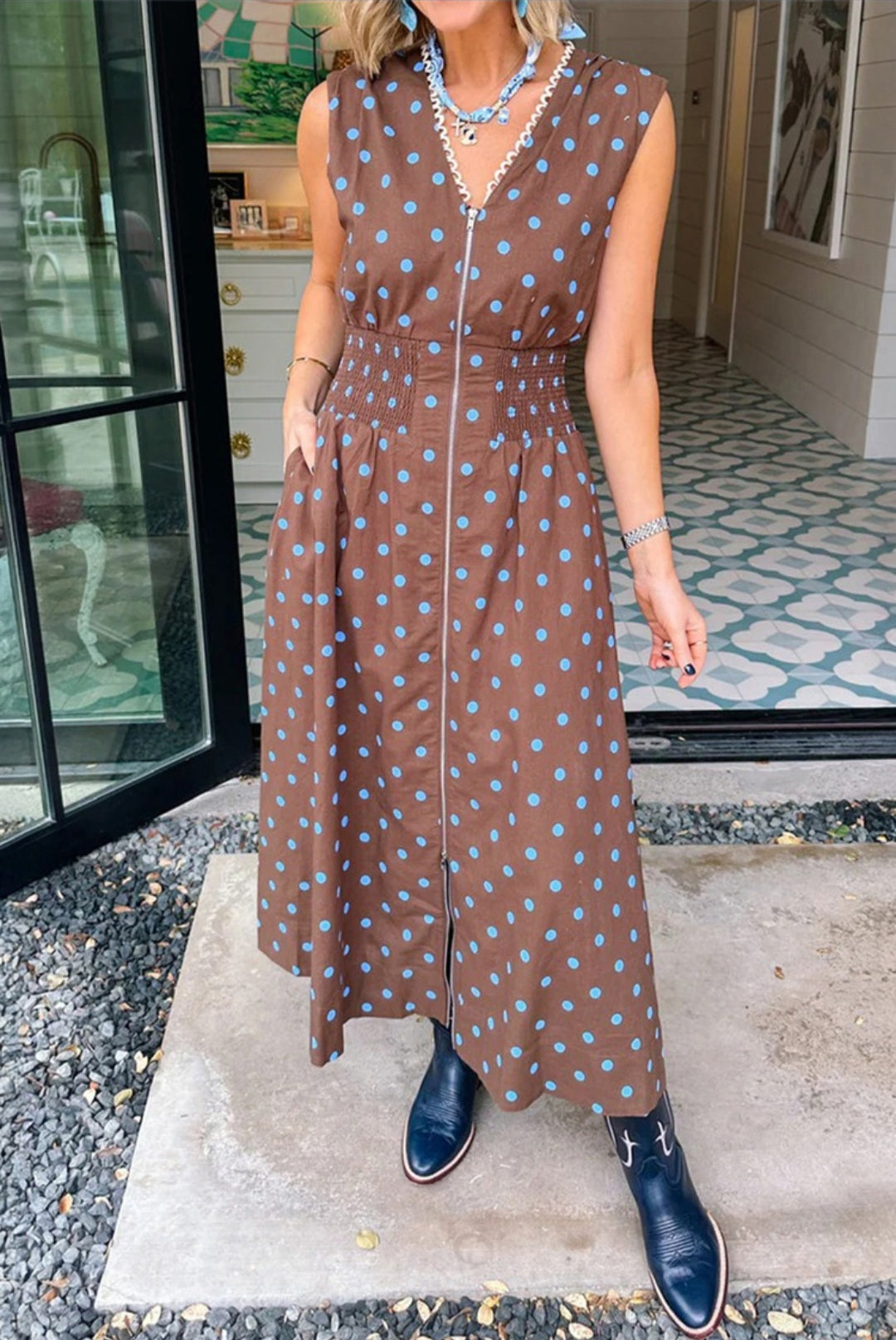 Chocolate Brown with Blue Polka-dot Smocked Waist Zip Up Dress