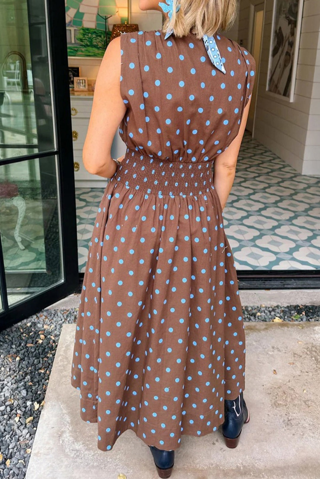Chocolate Brown with Blue Polka-dot Smocked Waist Zip Up Dress
