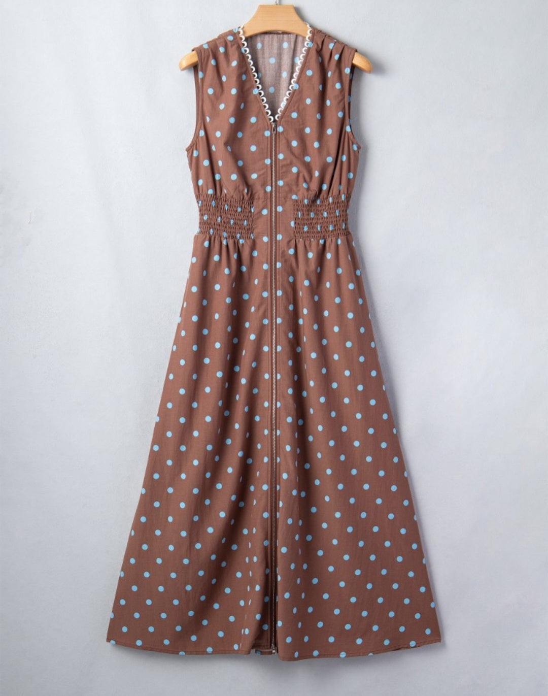 Chocolate Brown with Blue Polka-dot Smocked Waist Zip Up Dress