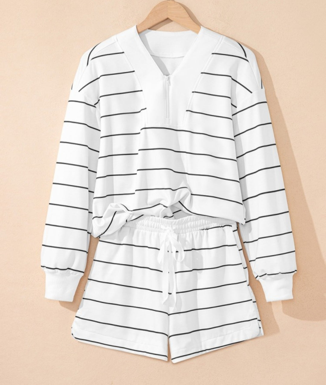 Long sleeve Short Set, White with Black Stripes