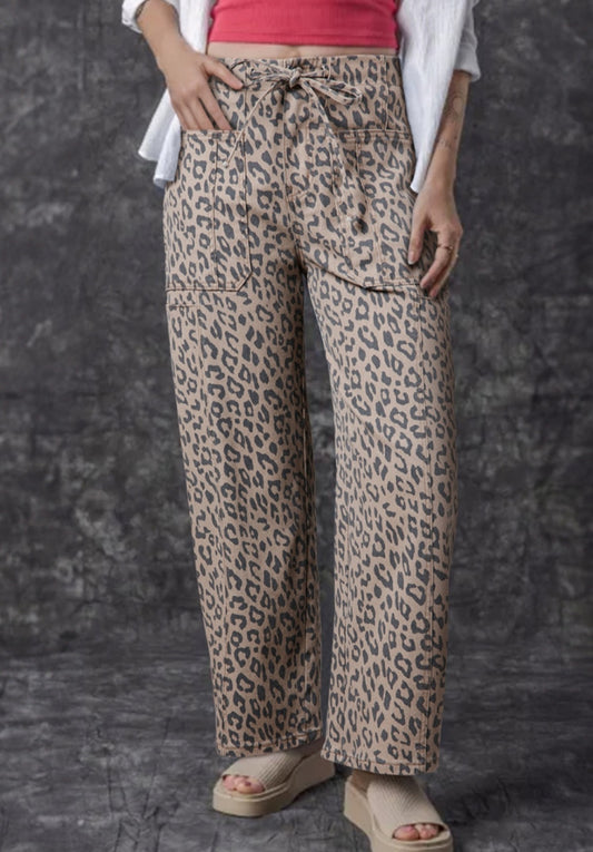 Khaki Leopard drawstring barrel wide leg jeans