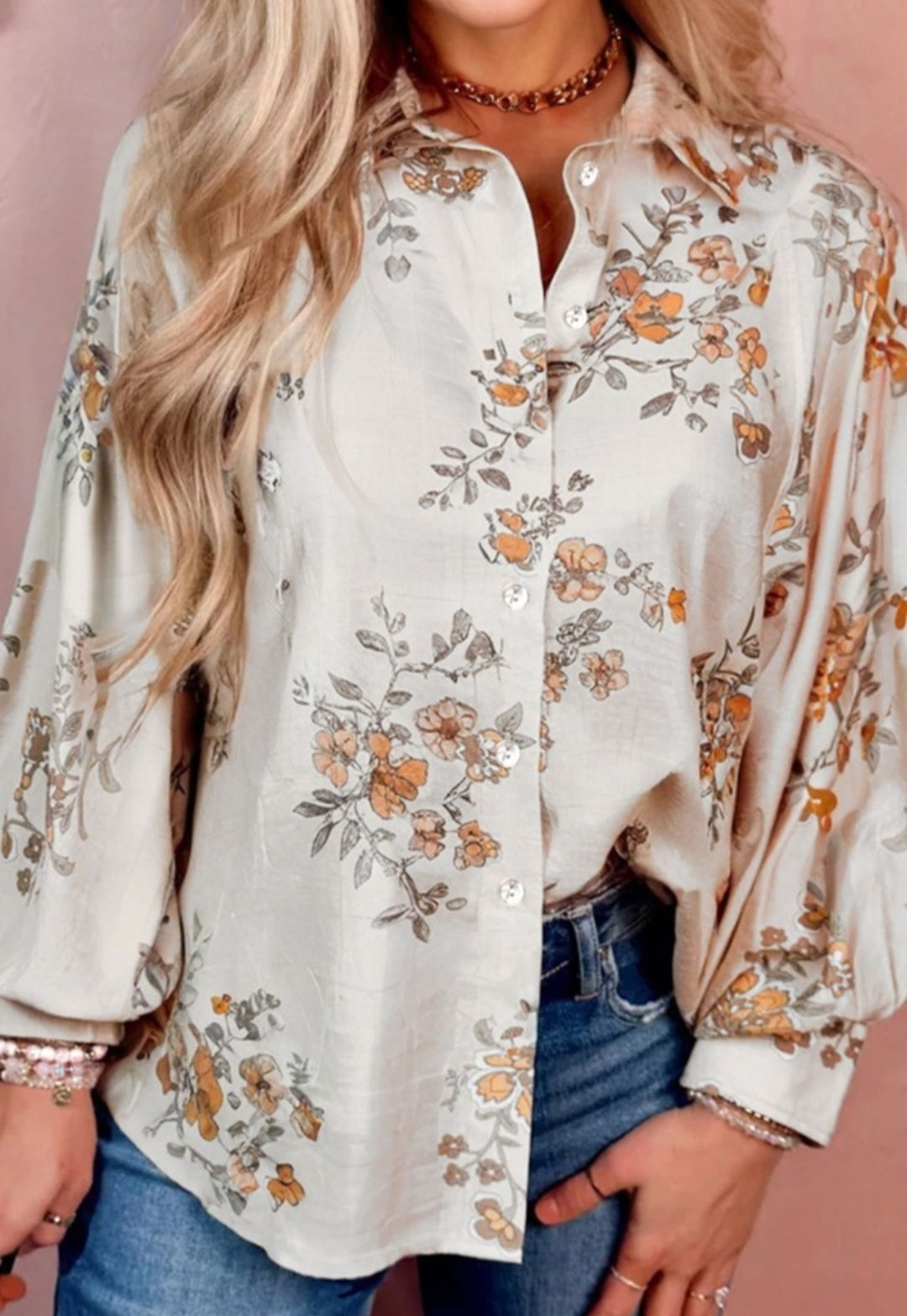 Apricot Floral Silky Button Up Blouse
