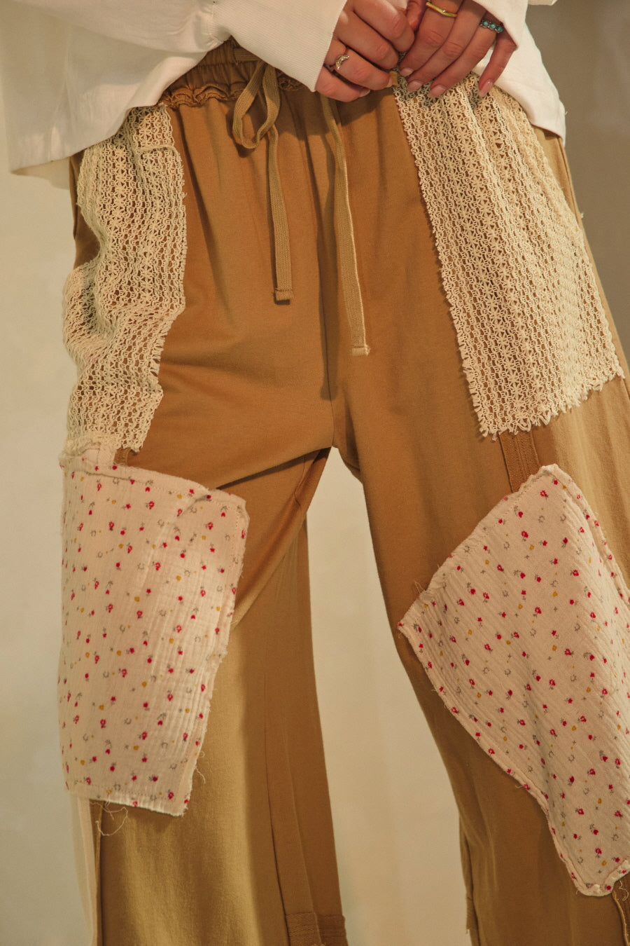 Patchwork Wide Leg Drawstring Pants Dijon