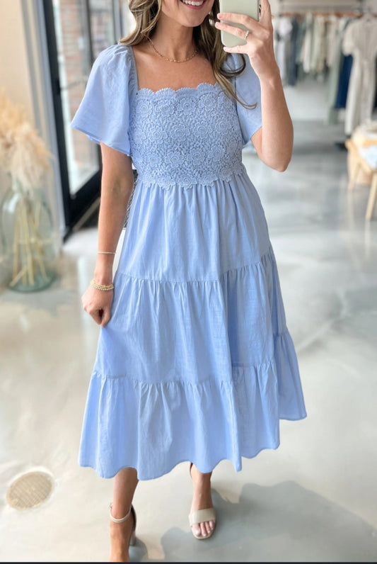 Beau Blue Dress with Tiered Skirt and Flutter Sleeves