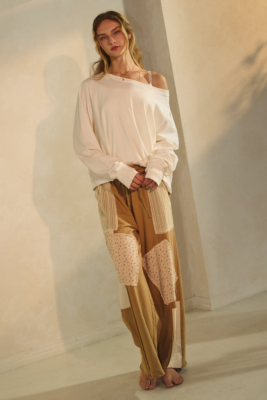 Patchwork Wide Leg Drawstring Pants Dijon