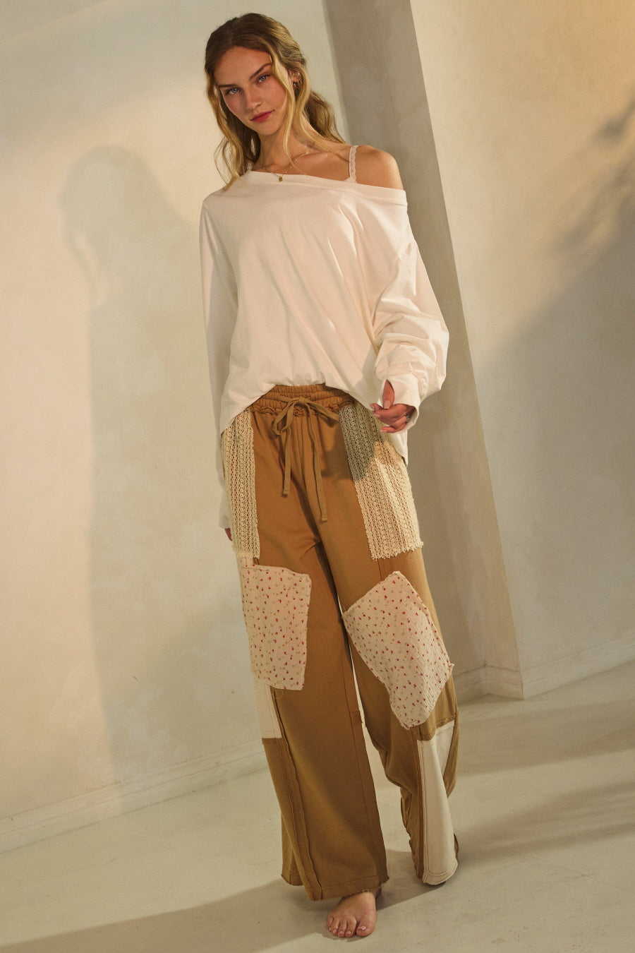 Patchwork Wide Leg Drawstring Pants Dijon