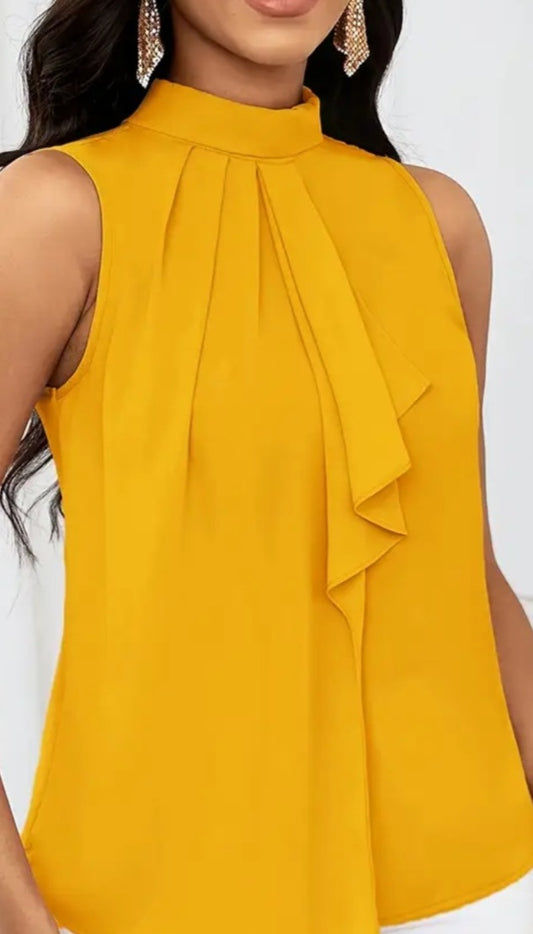 Golden yellow front ruffle back neck tie blouse