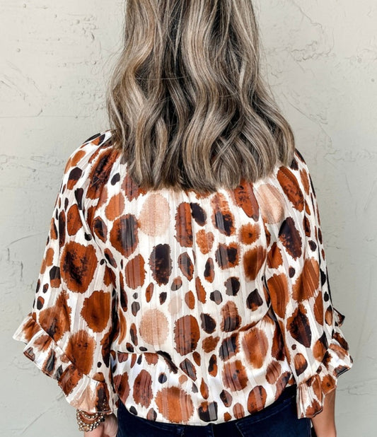 Brown Metalic Cheetah 3/4 Bell Sleeve Blouse