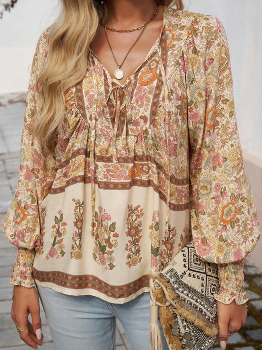 Warm Floral Lantern Sleeve Blouse