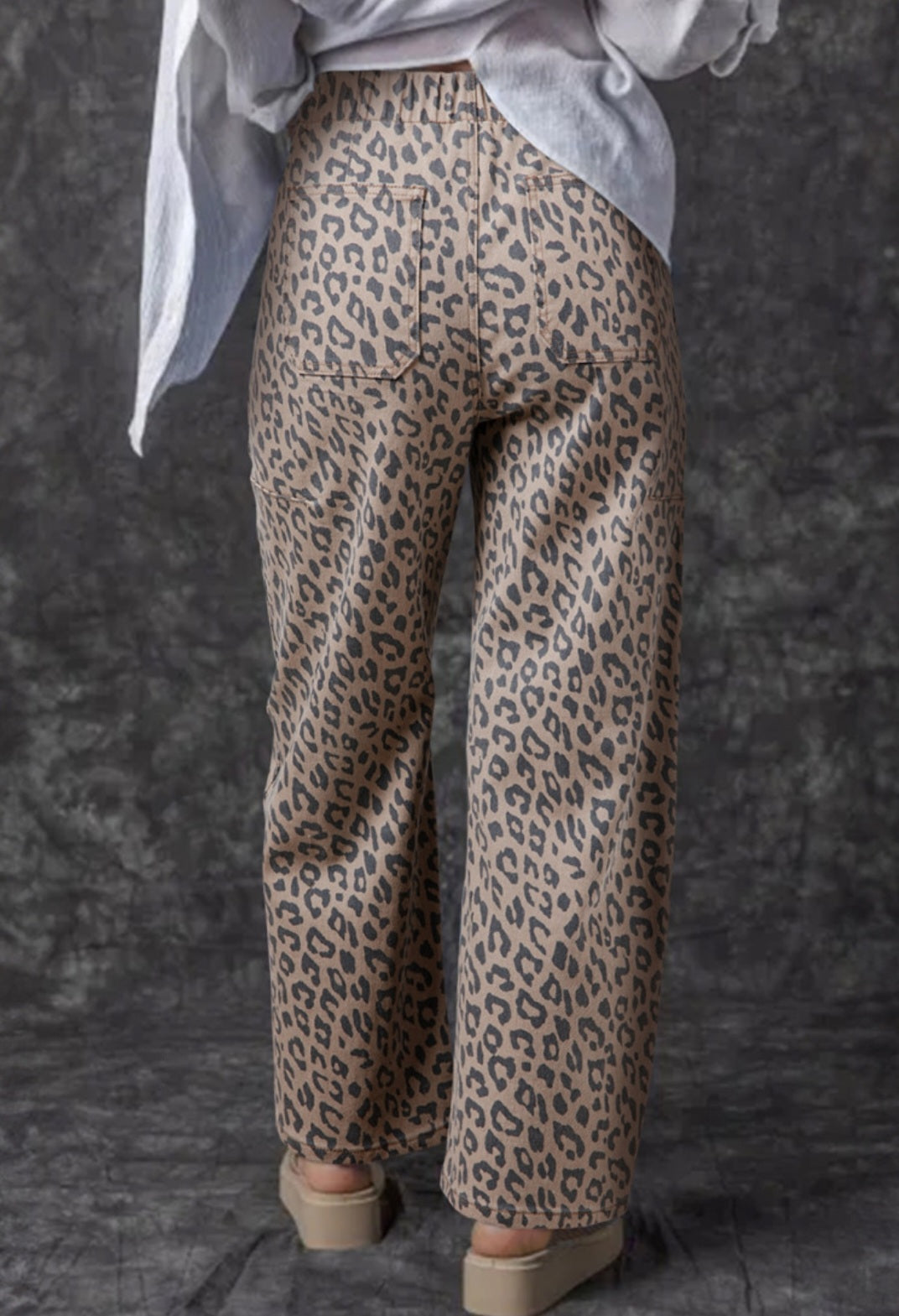 Khaki Leopard drawstring barrel wide leg jeans