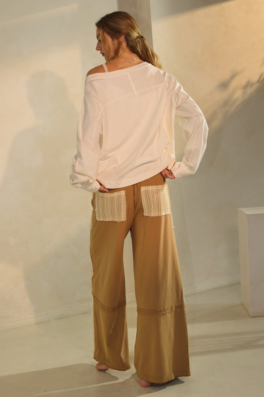 Patchwork Wide Leg Drawstring Pants Dijon