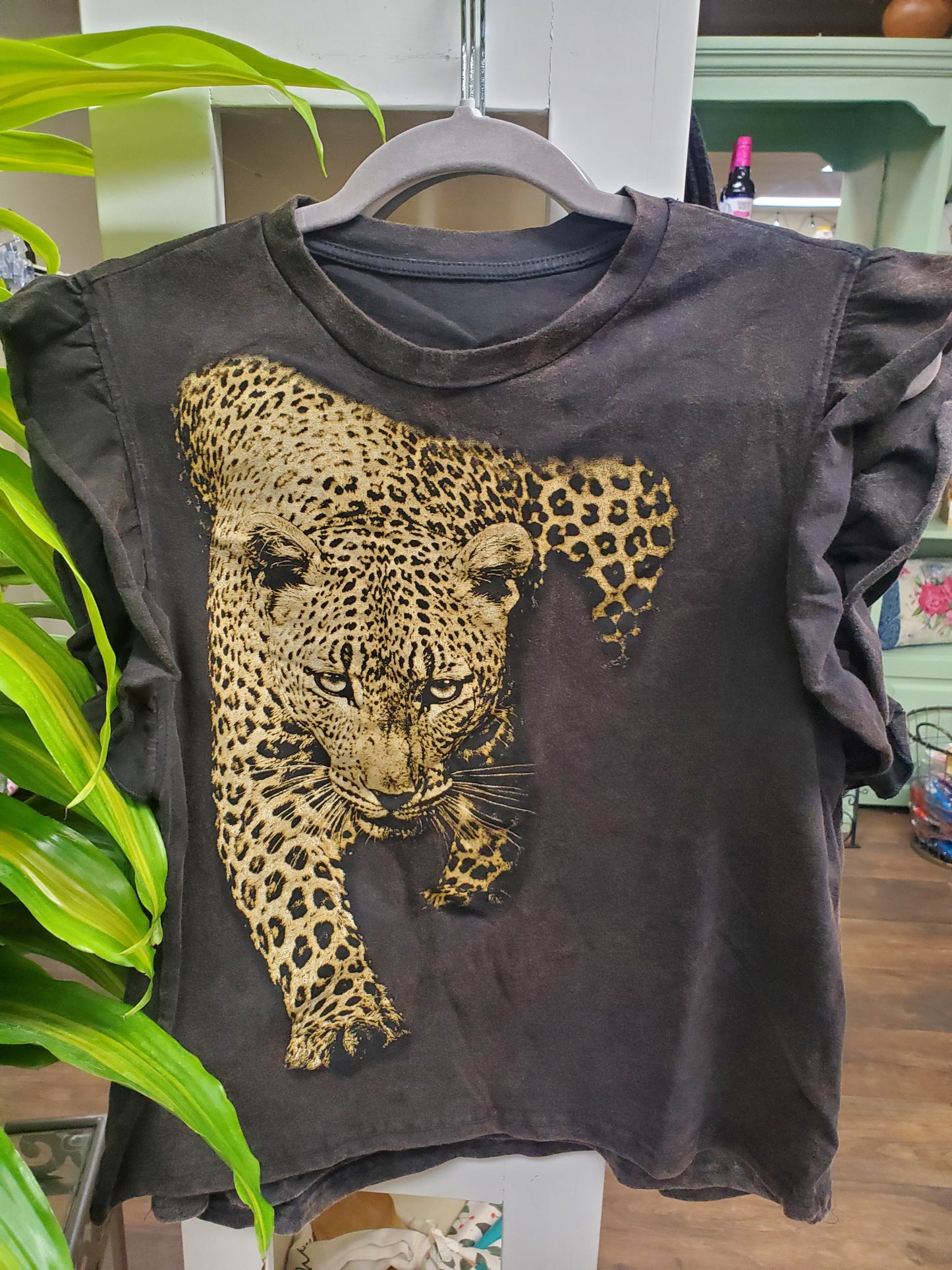 Black Bleached Flutter Sleeve Leopard Cropped Tshirt