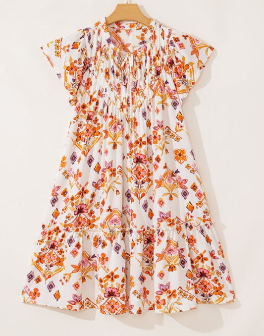 Orange Floral Flutter Sleeve Dress