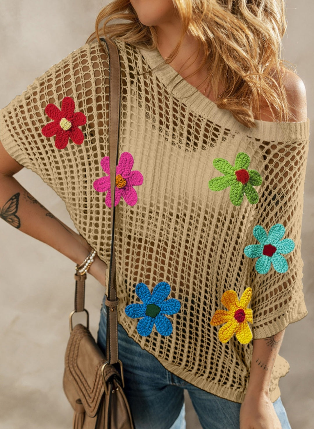 French Beige Floral Crochet Blouse